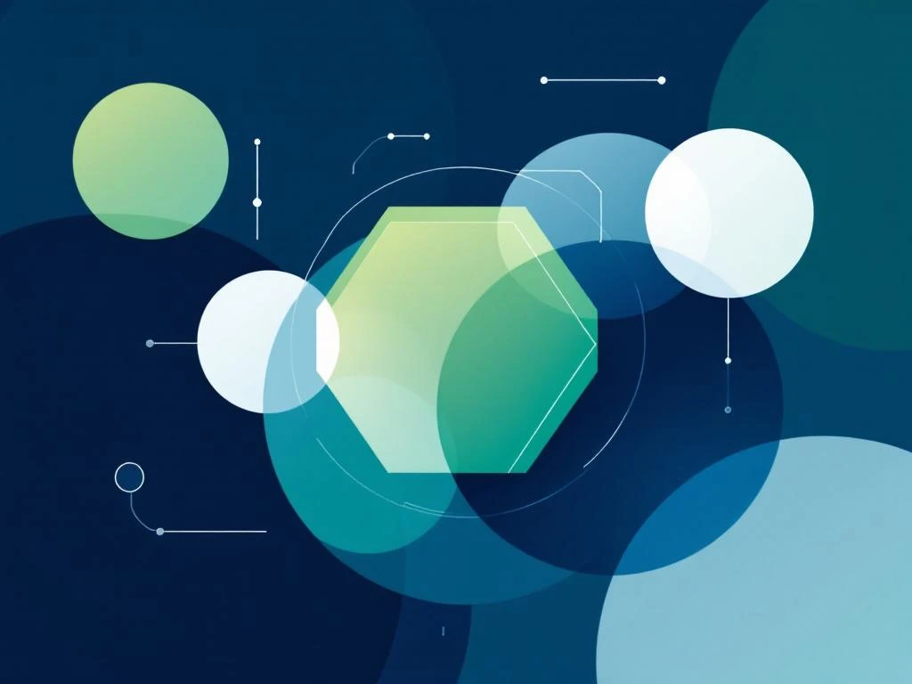 Geometrische compositie met overlappende cirkels en zeshoeken in blauw en groen, symboliseert energienetwerken en partnerships