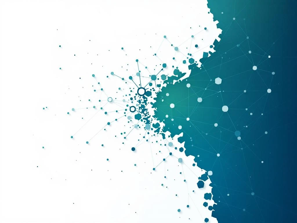 Energienetwerk visualisatie met blauwe en groene lijnen die deels oplossen, hexagonale knooppunten op witte achtergrond