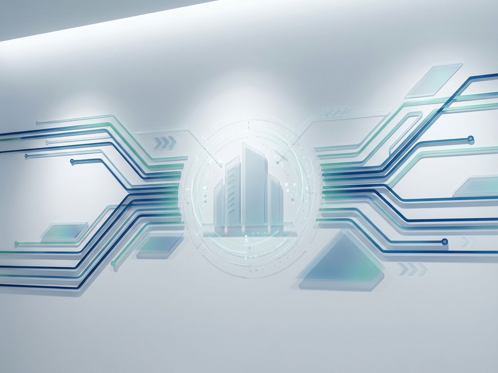 Gestileerd gebouw omgeven door blauwe en groene geometrische lijnen die energiecircuits vormen op witte achtergrond