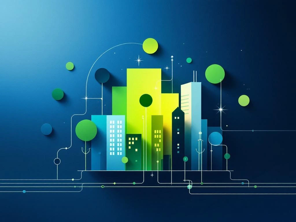 Minimalistische compositie met geometrische vormen en gebouwsilhouetten verbonden door energielijnen in blauw en groen