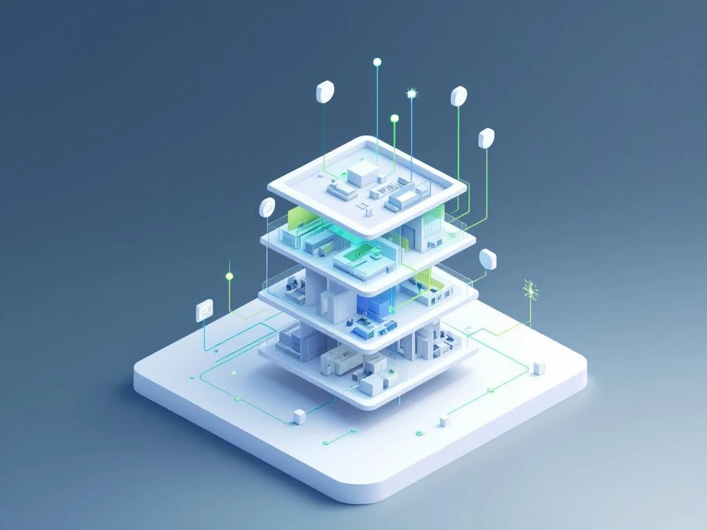 3D isometrisch kantoorgebouw met energiestromen tussen verdiepingen, slimme meters en blauwe groene gradiënten