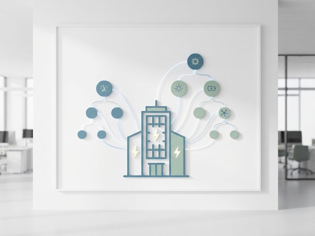 Moderne organisatiestructuur met geometrische vormen in blauw en groen, verbonden door energielijnen op witte achtergrond