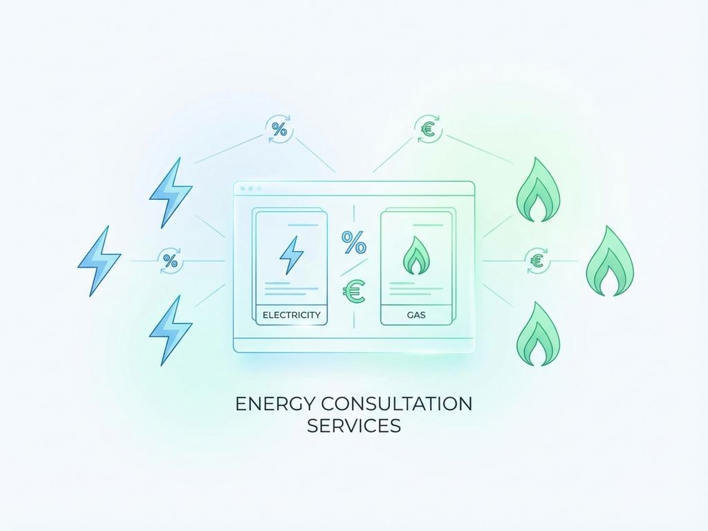 Digitale energierekentool met vergelijkingsgrafiek, omringd door bliksem- en gassymbolen in blauw-groene tinten