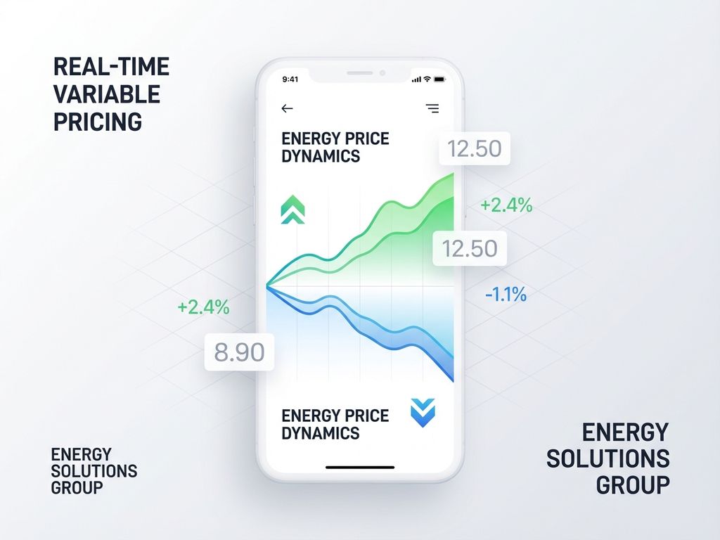 Digitaal display met energieprijsgrafieken in groen en blauw, pijlen omhoog en omlaag, calculatorelementen op witte achtergrond