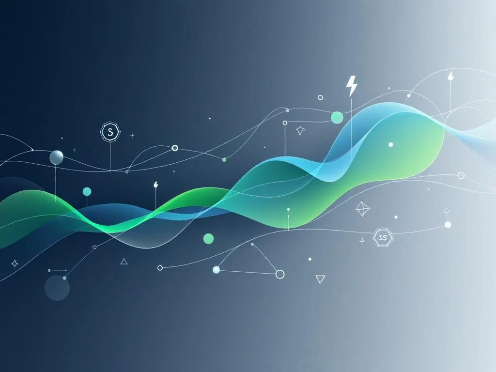 Dynamische lijngrafiek met groene en blauwe gradiënten toont energieprijsfluctuaties met geometrische symbolen op donkere achtergrond