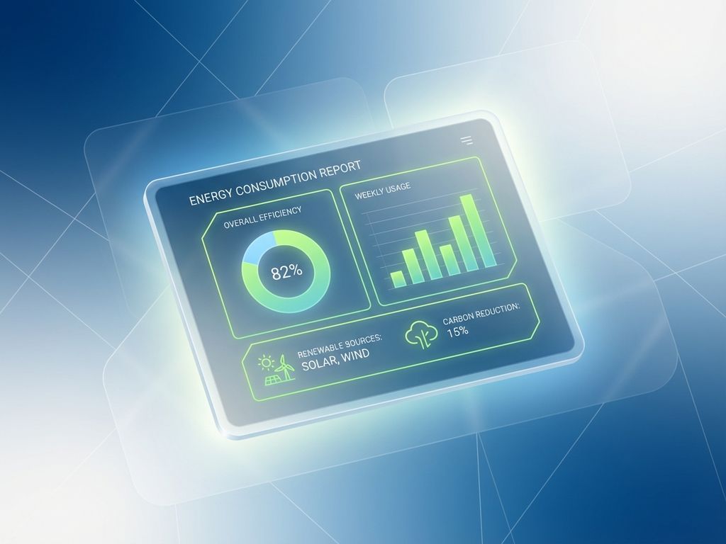 Digitaal energierapport met grafieken en datavisualisatie op blauwe achtergrond, moderne professionele vormgeving