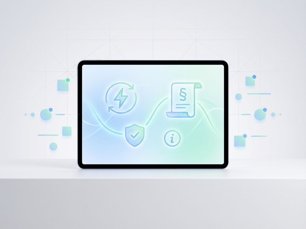 Tablet toont energieregulatiesymbolen met blauwe en groene iconen op minimalistische witte achtergrond