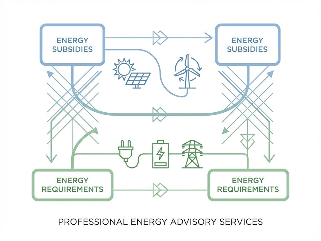 Geometrische procesdiagram met energiesymbolen zoals zonnepanelen en windturbines in blauw-groene tinten op witte achtergrond