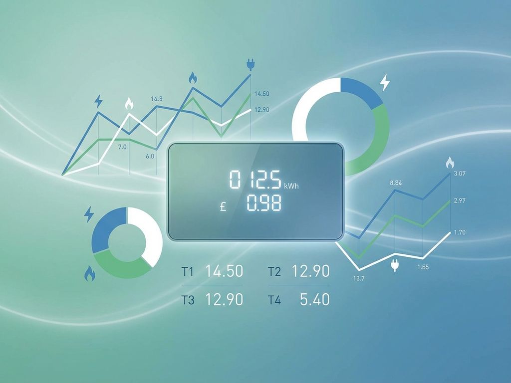 Digitale calculator omringd door energievergelijkingsgrafieken met elektriciteits- en gassymbolen op blauwe achtergrond