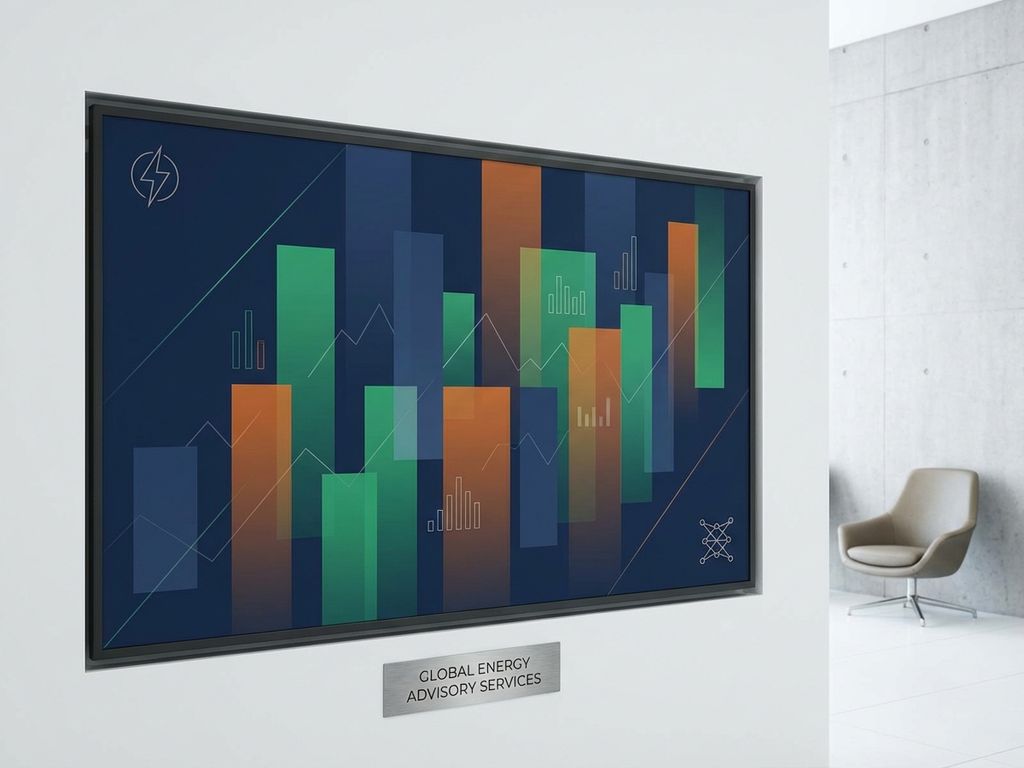 Geometrische grafiek toont energietarieven met blauwe, groene en oranje balken, bliksemschicht symbolen en stroomnet iconen