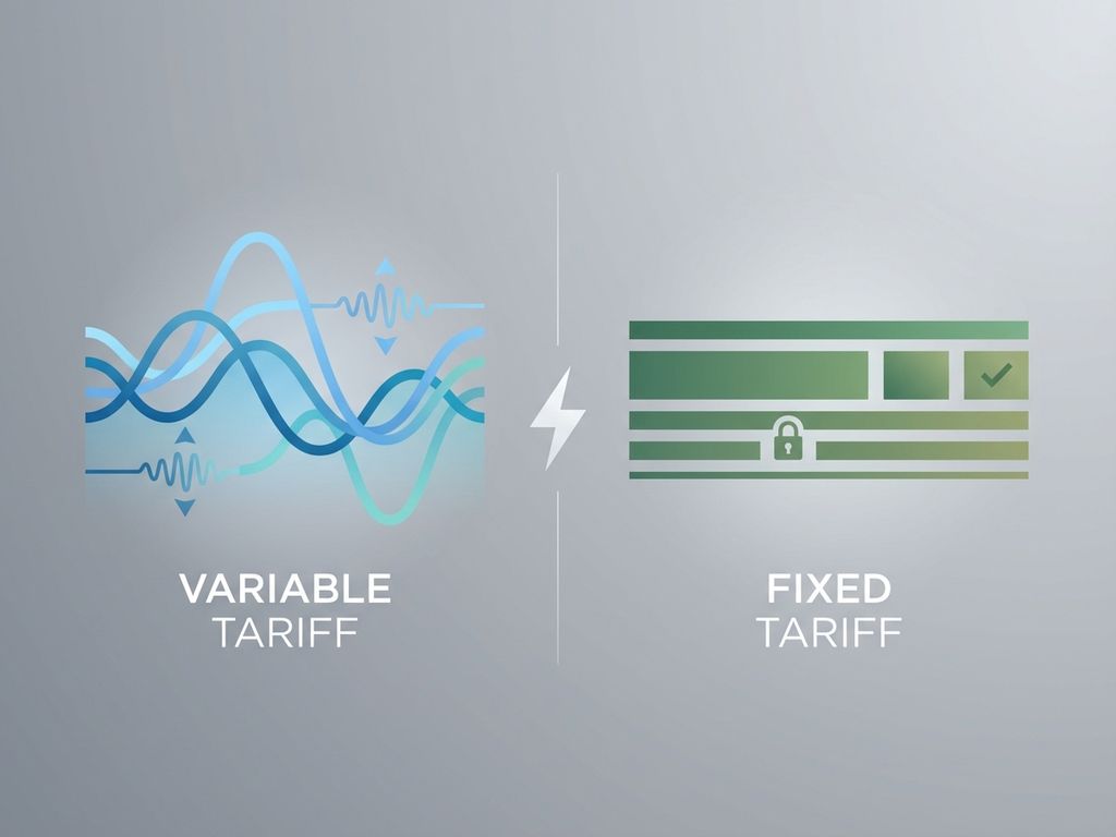 Gesplitste grafiek toont variabele energietarieven met golvende blauwe lijnen versus vaste tarieven met groene balken