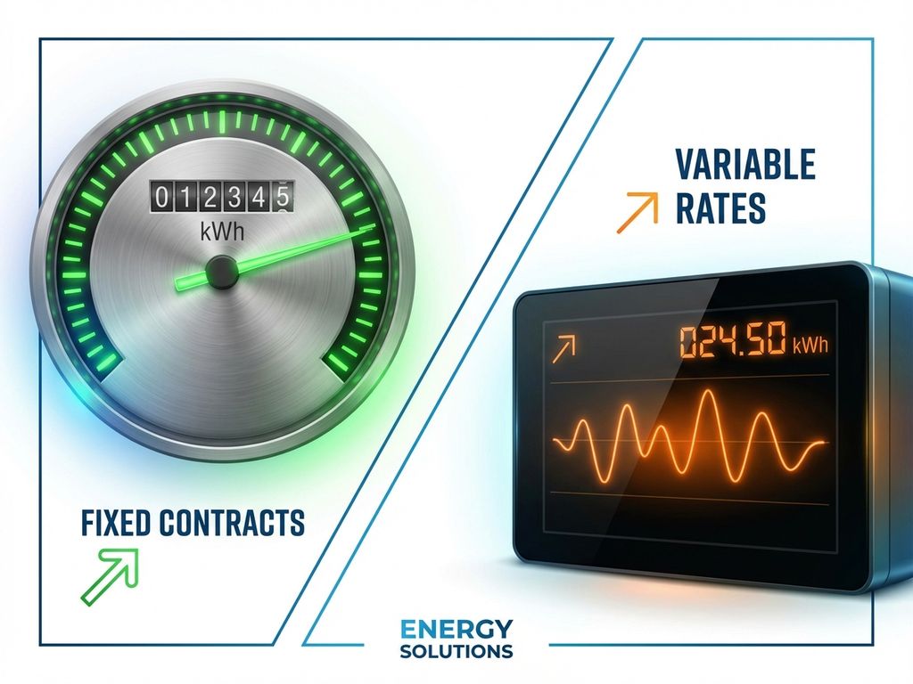 Vergelijking van energiemeters: analoge meter met groene indicatoren voor vaste tarieven versus digitale meter met oranje golven voor variabele tarieven
