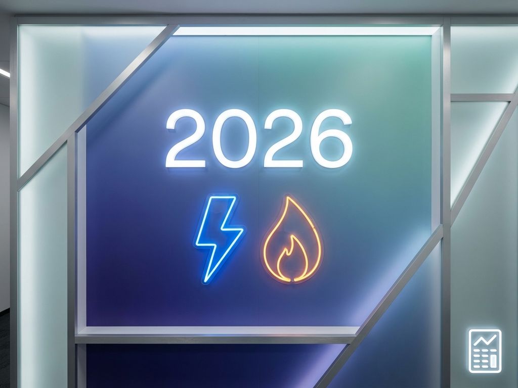 2026 in grote letters boven energiesymbolen van bliksem en gasvlam op blauwe achtergrond met rekenmachine pictogram