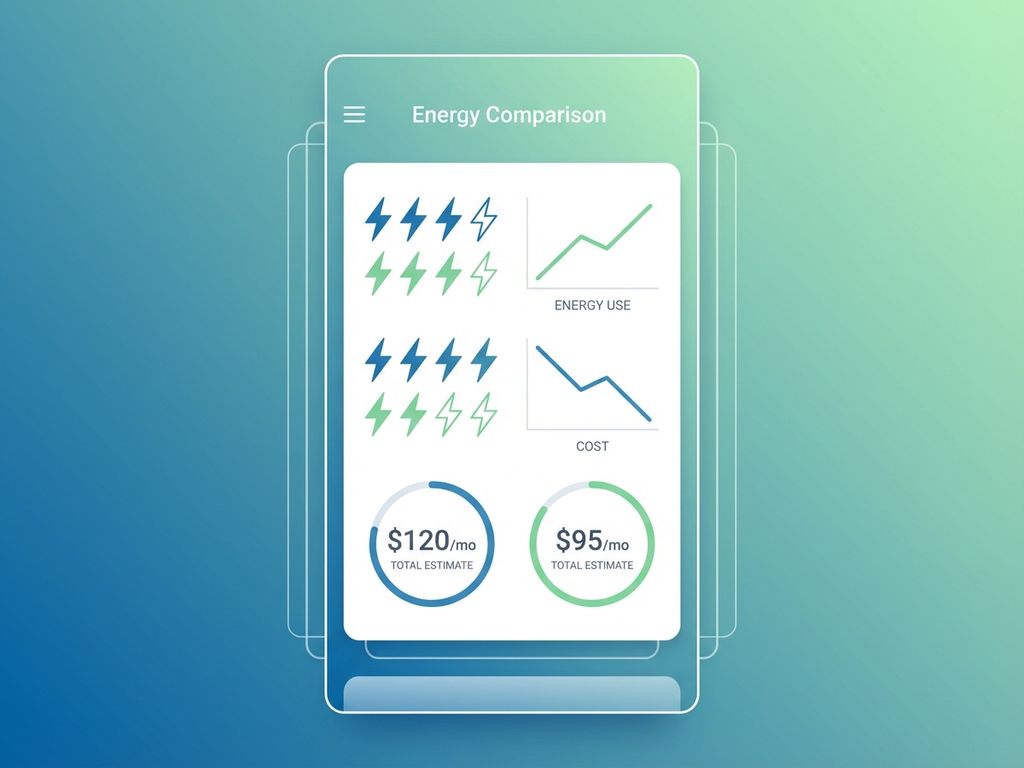 Digitale energievergelijker met bliksem-iconen en prijsgrafieken op blauwe naar groene achtergrond voor efficiëntie