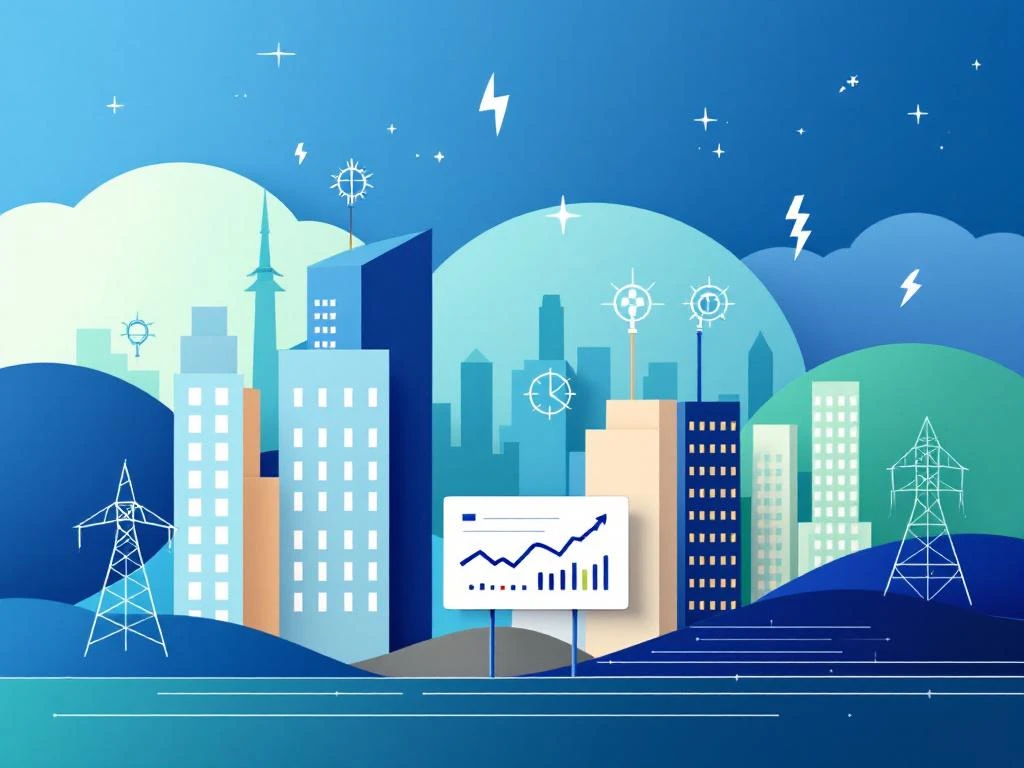 Energievergelijking voor bedrijven met geometrische gebouwen, meters en grafieken in blauw-groene kleuren