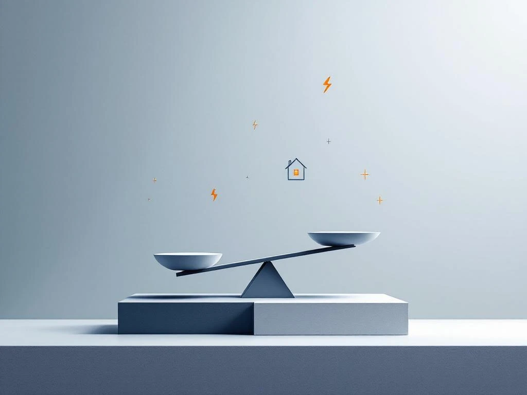 Ongebalanceerde weegschaal met energie-iconen op blauwe achtergrond, symboliseert energieonbalans in huis