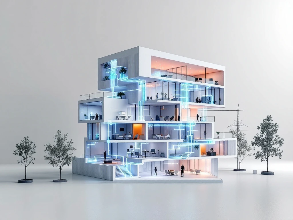 Minimalistisch kantoorgebouw dwarsdoorsnede met blauwe energiecircuits en efficiënte energieverdeling door verdiepingen