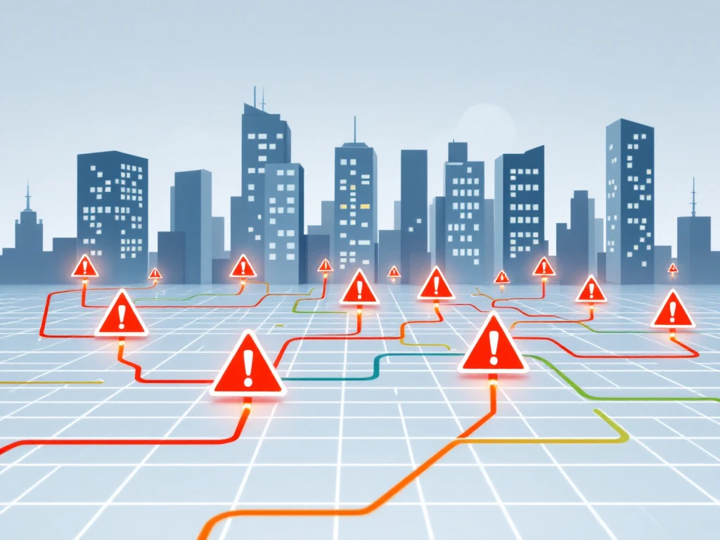 Geometrisch netwerkraster met groene en oranje energielijnen die rode congestiegebieden omzeilen bij kantoorgebouwen