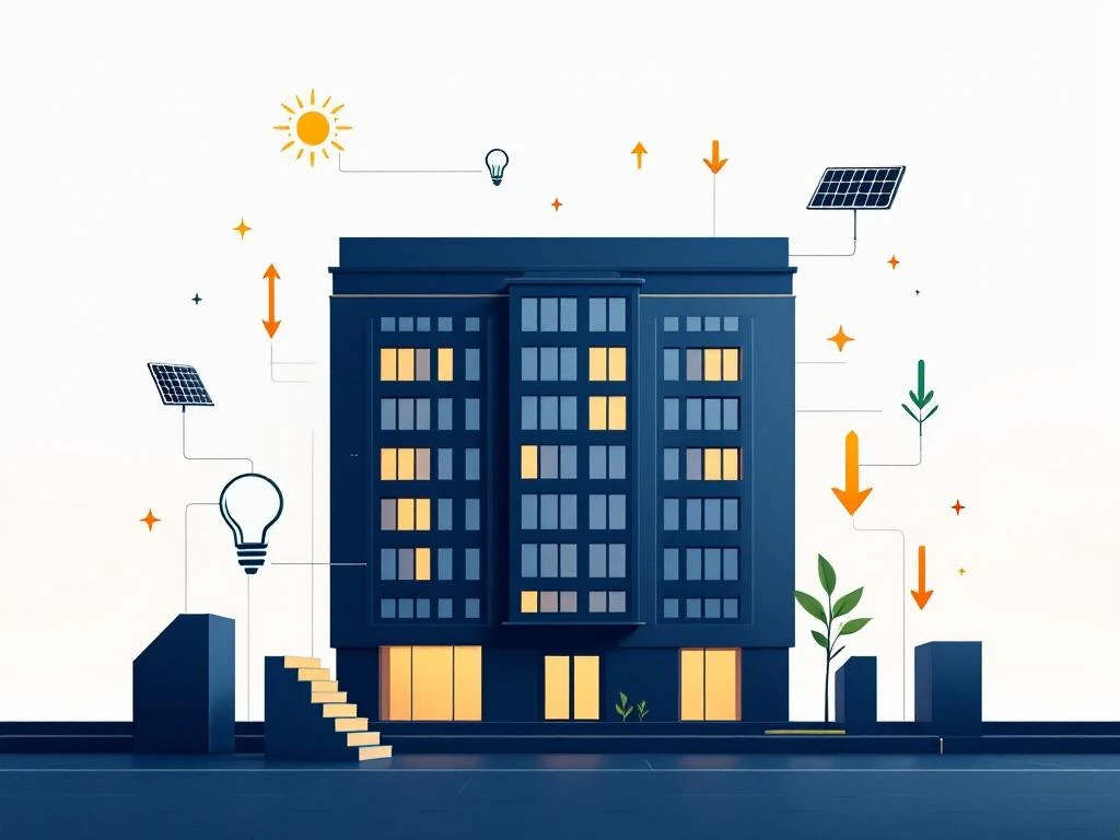 Modern kantoorgebouw met zonnepanelen, LED-verlichting en dalende pijlen die energiebesparing en kostenreductie tonen