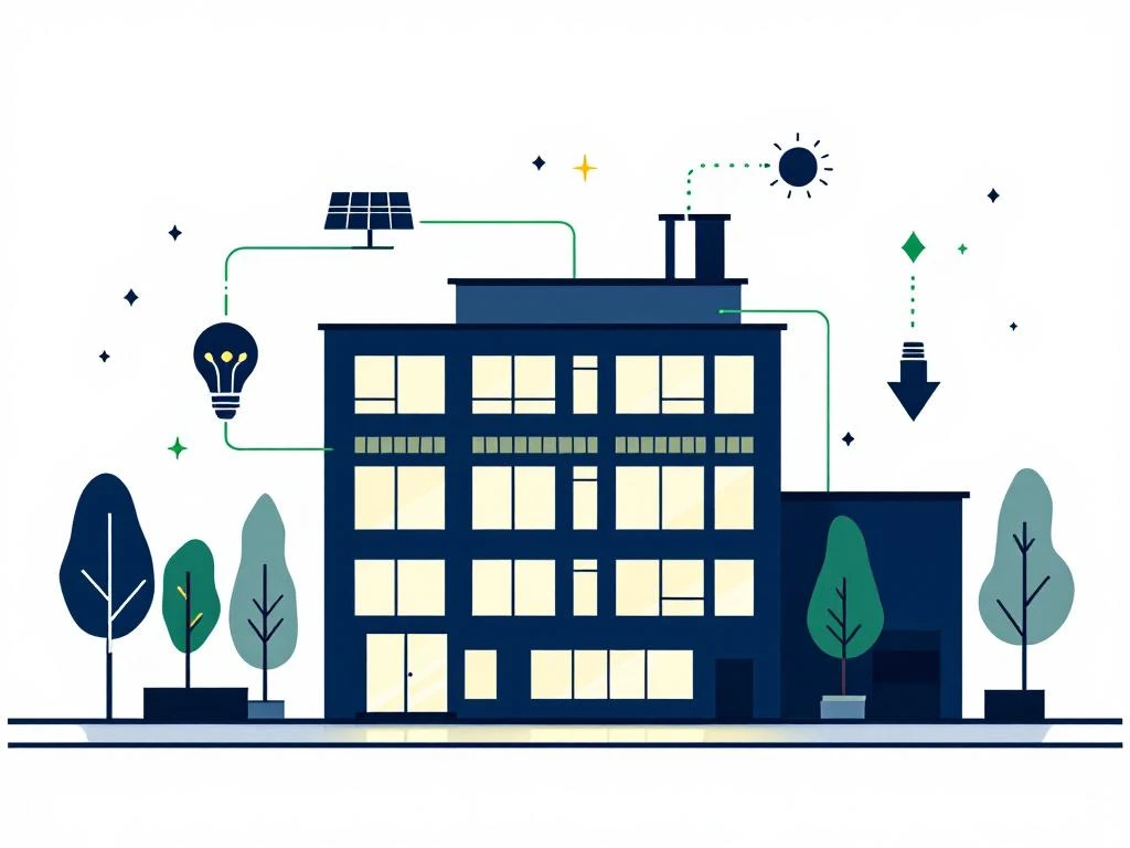 Minimalistisch kantoorgebouw met energiebesparende elementen zoals zonnepanelen en LED-verlichting, met kostenbesparing symbolen