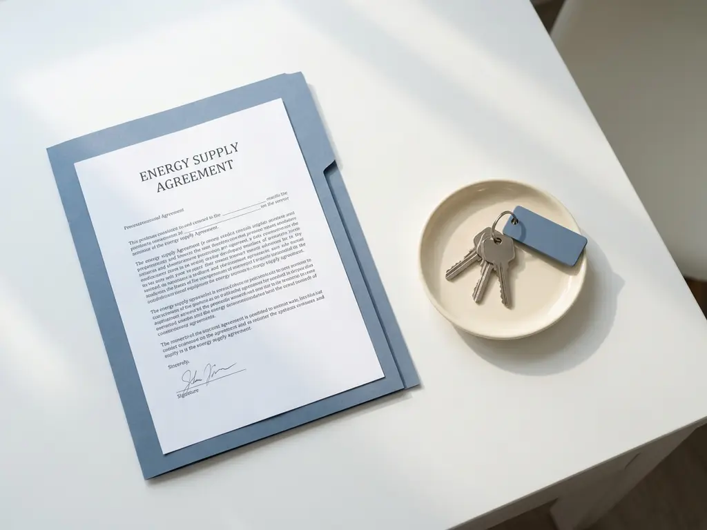 Ondertekend energiecontract op wit bureau naast sleutels van een commercieel gebouw, bovenaanzicht met zacht natuurlijk licht.