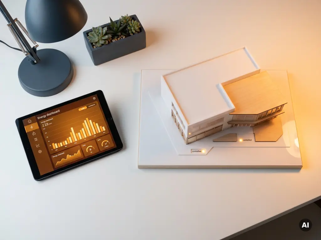 Energiedashboard op strak bureau naast schaalmodel van commercieel gebouw, verlicht door warm amberkleurig licht op witte ondergrond.