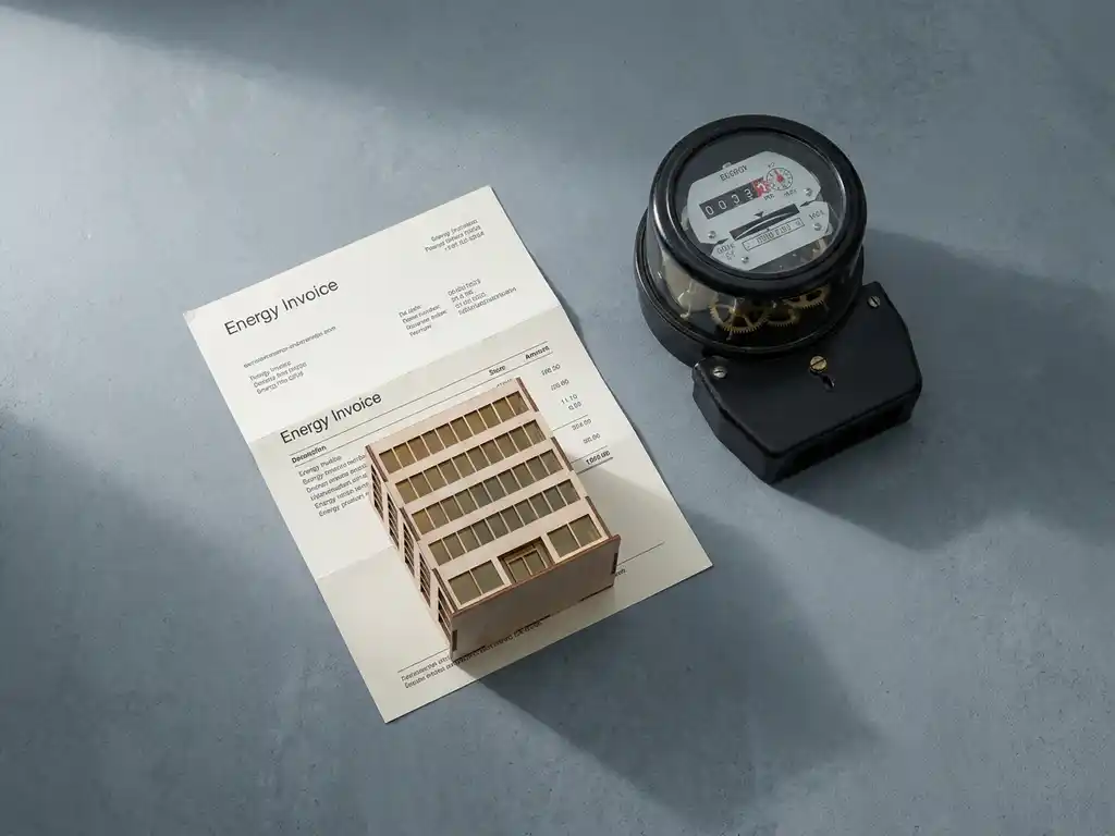 Gevouwen energiefactuur op betonnen bureau naast schaalmodel van kantoorgebouw en mechanische energiemeter, minimalistisch bovenaanzicht.