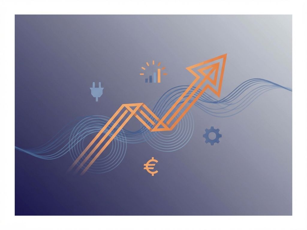 Oranje pijl omhoog door blauwe energiegolven met kostensymbolen op marineblauw naar grijze achtergrond
