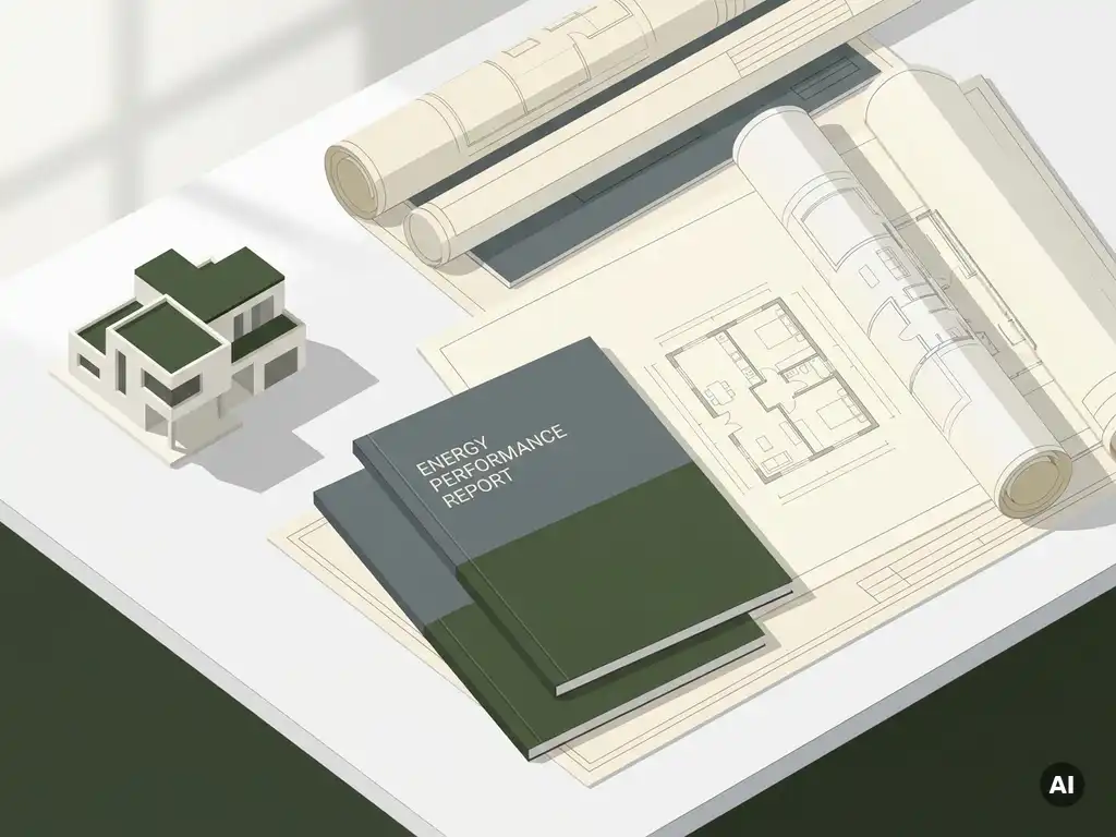 Architecturale plattegronden en energieprestatierapport naast een miniatuurgebouw op wit bureau, bovenaanzicht.