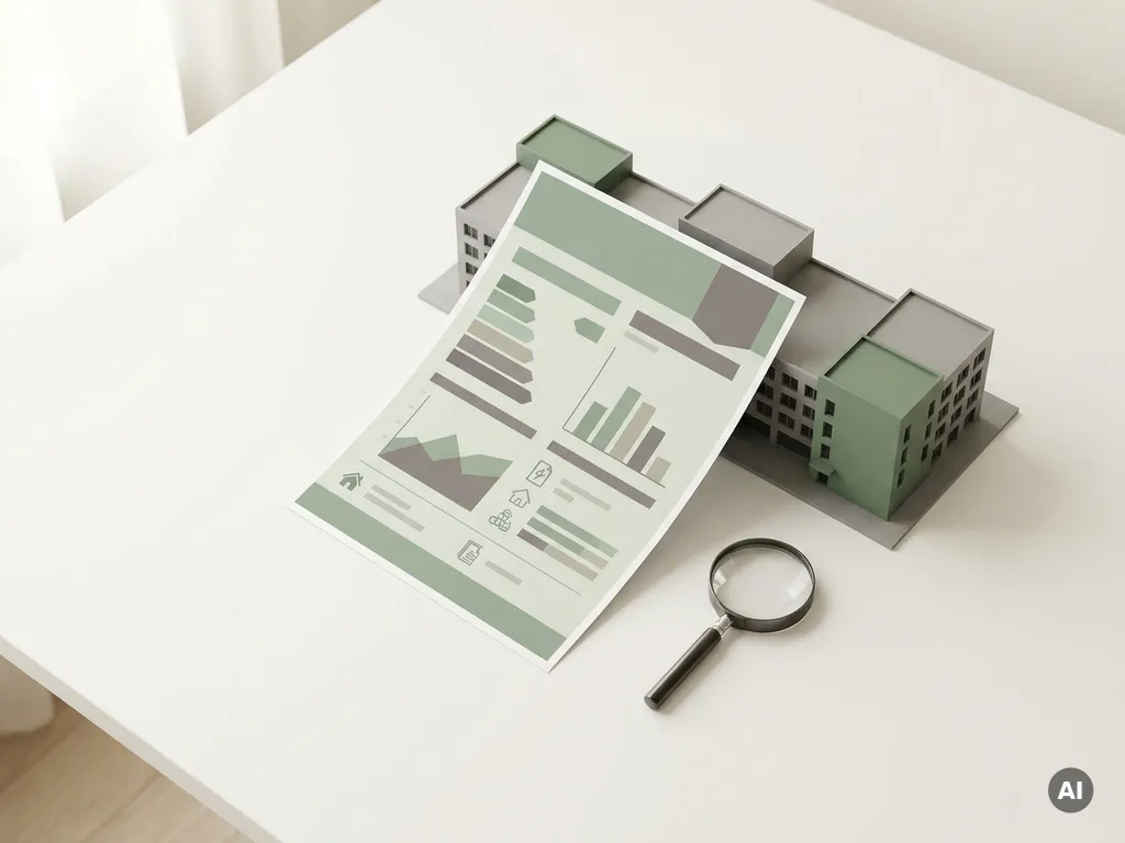 Energieprestatiecertificaat naast een schaalmodel van een kantoorgebouw en vergrootglas op wit bureau.