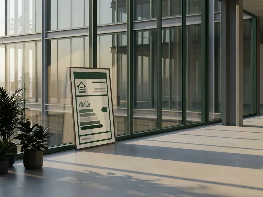 Energielabel certificaat leunend tegen glazen gevel van modern Nederlands kantoorgebouw in ochtendlicht.