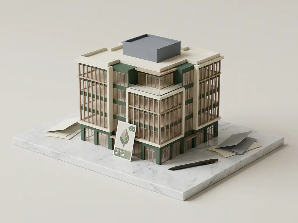 Architectuurmaquette van commercieel gebouw met energielabel, bankdocumenten en pen op wit marmeren oppervlak.