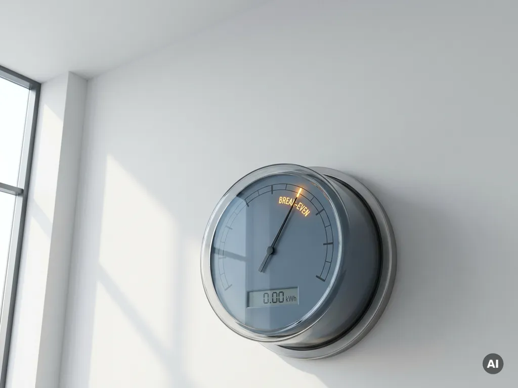 Energiemeter met naald op break-evenpunt, gemonteerd in modern Nederlands bedrijfsinterieur met warm amberkleurig licht.