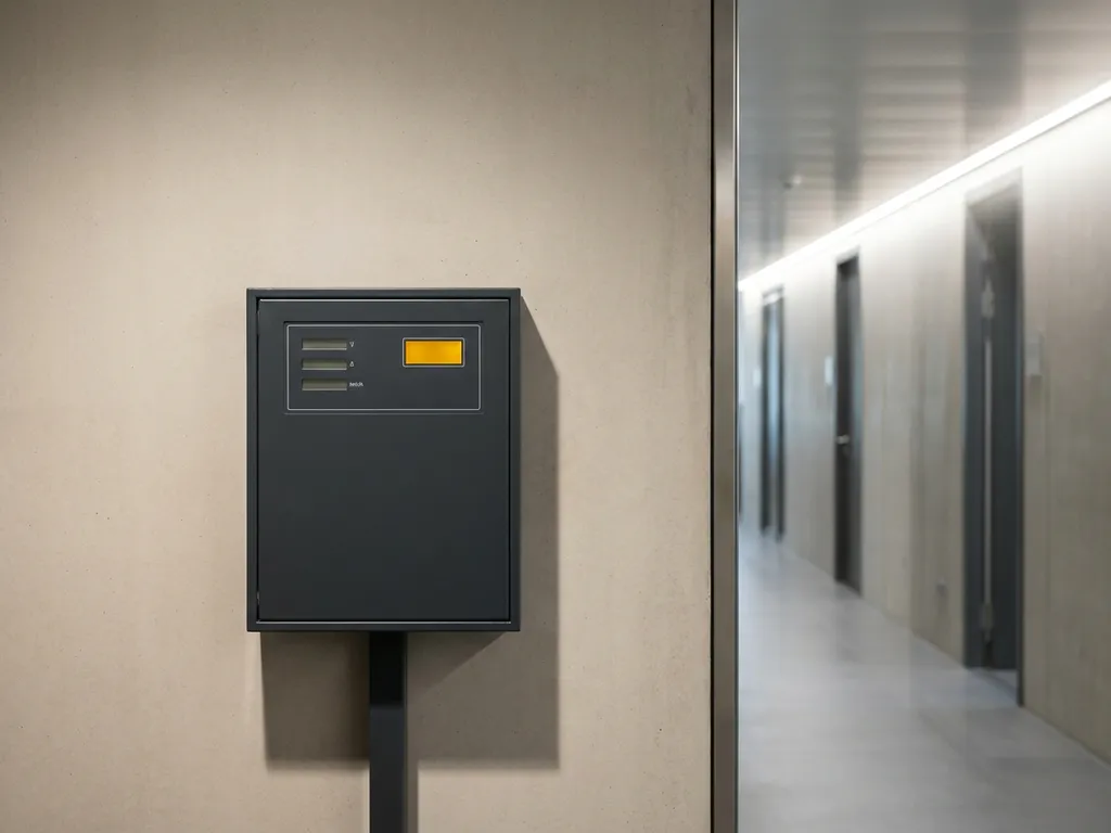 Energiemeter op betonnen wand in moderne kantoorgang, verlicht door zacht plafondlicht met amberkleurig accent.