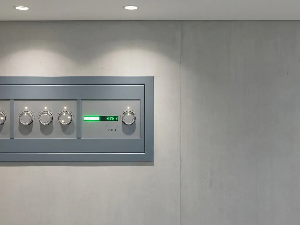 Energiemeter op betonnen wand in modern kantoorgebouw, met afzonderlijke wijzerplaten per verdieping en groen accent.