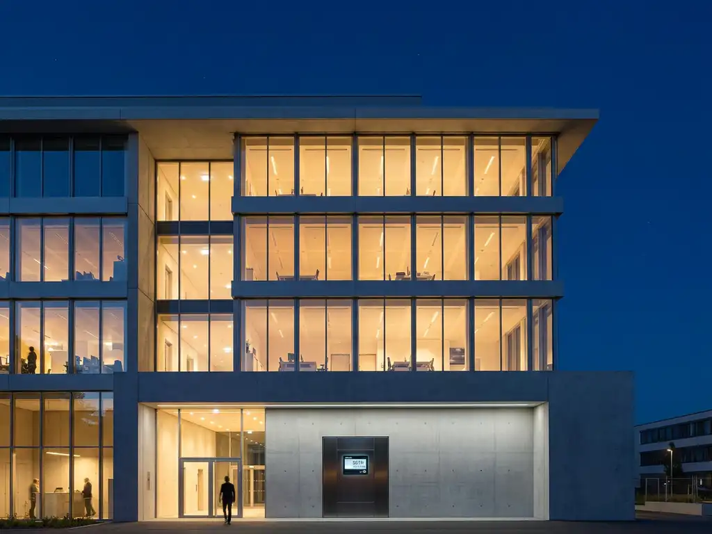 Modern kantoorgebouw bij schemering met energiemeter in betonnen lobby, warme amber verlichting achter vloerhoge ramen.