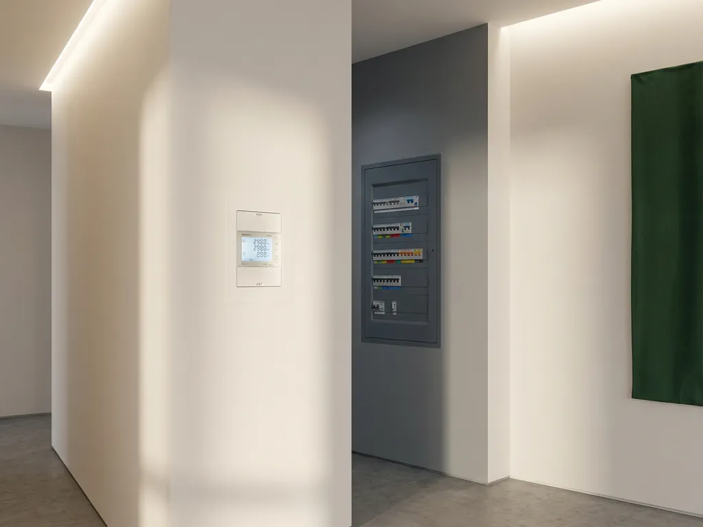 Energiemeter en zekeringkast op witte muur in moderne appartementhallway, verlicht door ingebouwde plafondspots.