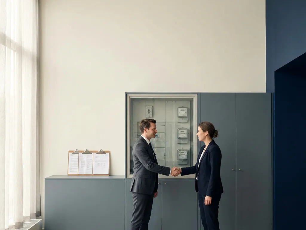 Energiemeterpaneel in modern kantoorgebouw tijdens formele oplevering, met inspectieklembord tegen witte muur in natuurlijk licht.