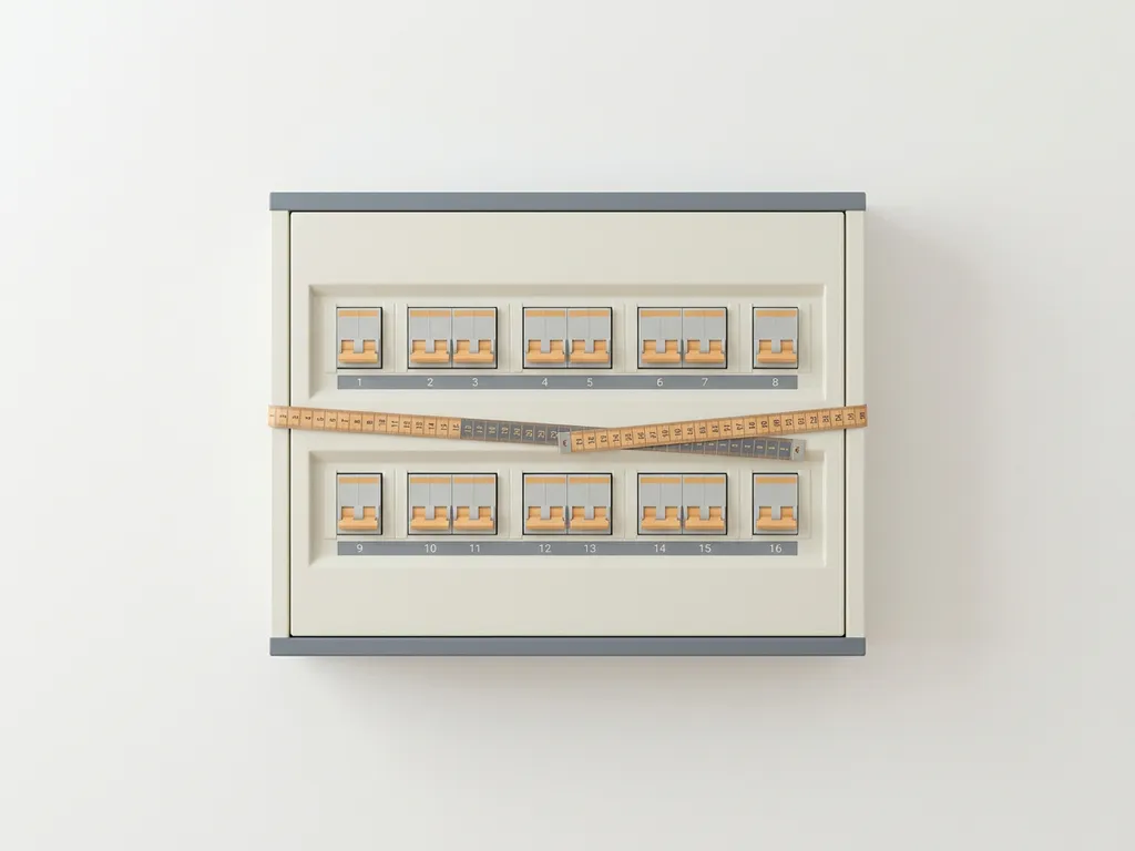 Energiemeterkast met meerdere stroomonderbrekers voor huurders op witte muur, meetlint over het paneel gedrapeerd.
