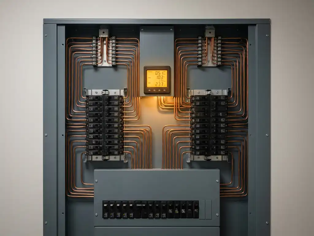 Energiemeterpaneel met symmetrisch gerangschikte koperen bedrading en verlicht digitaal display in moderne utiliteitsruimte.