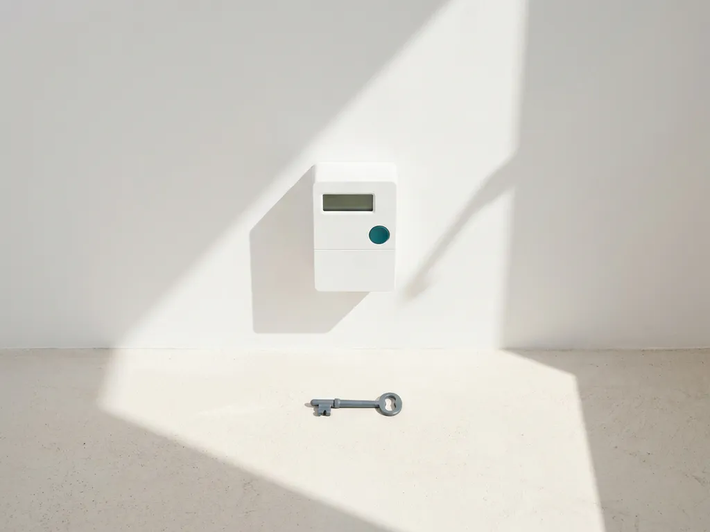 Energiemeter op witte muur met sleutel op de vloer, geometrische schaduwen en minimalistische compositie in warme en leisteengrijze tinten.
