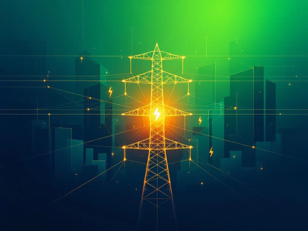 Geometrisch elektriciteitsnetwerk met oranje congestiepunt en energiestoring tussen kantoorgebouwen op blauw-groene gradiënt