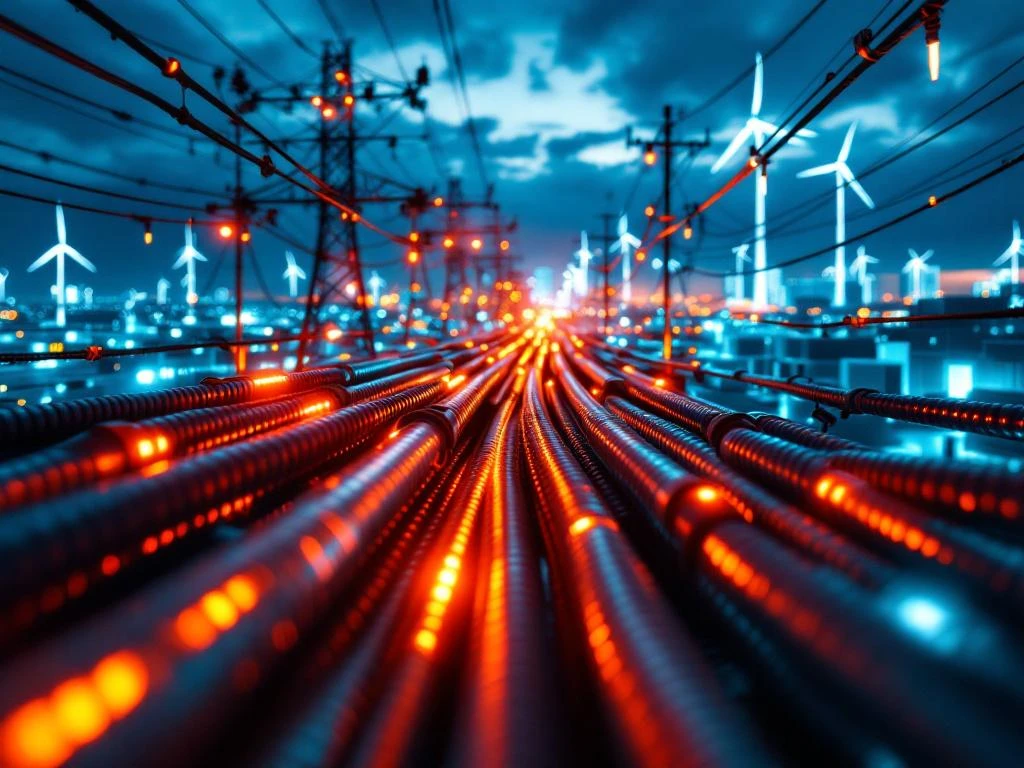 Elektriciteitskabels met rode gloeiende congestie en blauwe hernieuwbare energie-infrastructuur op de achtergrond