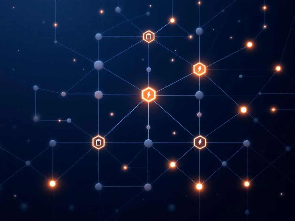 Elektriciteitsgrid met zeshoekige knooppunten in wit op donkerblauwe achtergrond, sommige geel oplichtend, andere gedoofd