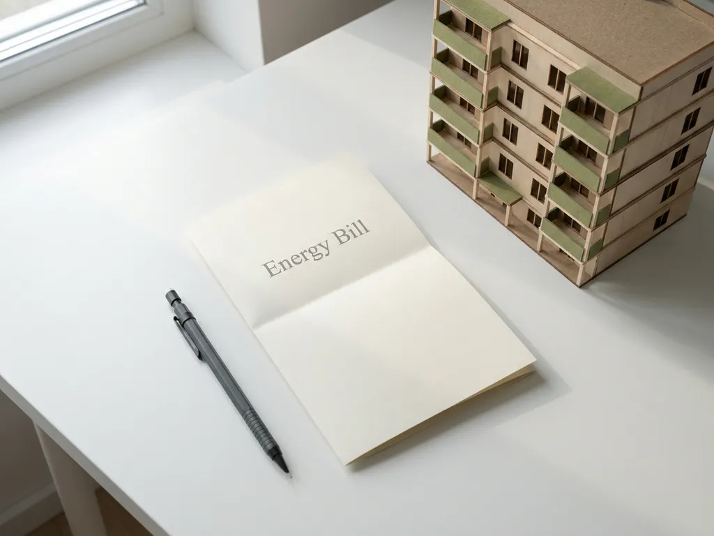Gevouwen energierekening op wit bureau naast schaalmodel van appartementengebouw en mechanisch potlood, bovenaanzicht.