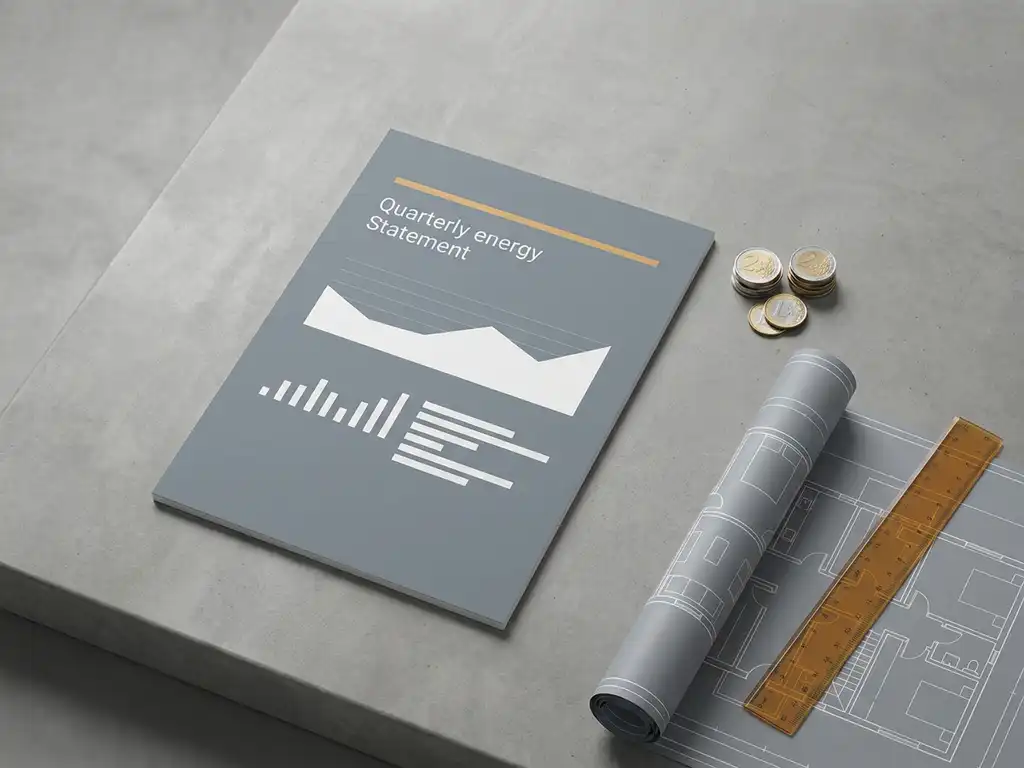Kwartaaloverzicht energierekening op betonnen bureau naast euromunten en architectonische plattegrond, minimalistisch bovenaanzicht.