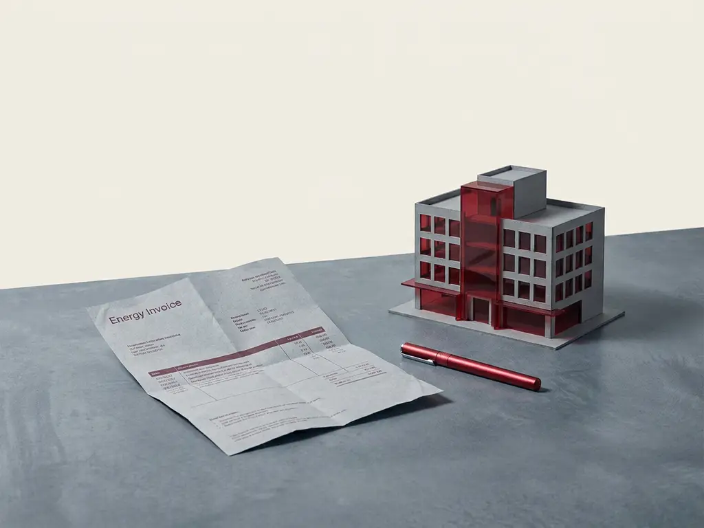 Verfrommelde energierekening op betonnen bureau naast rode pen en schaalmodel van commercieel gebouw.