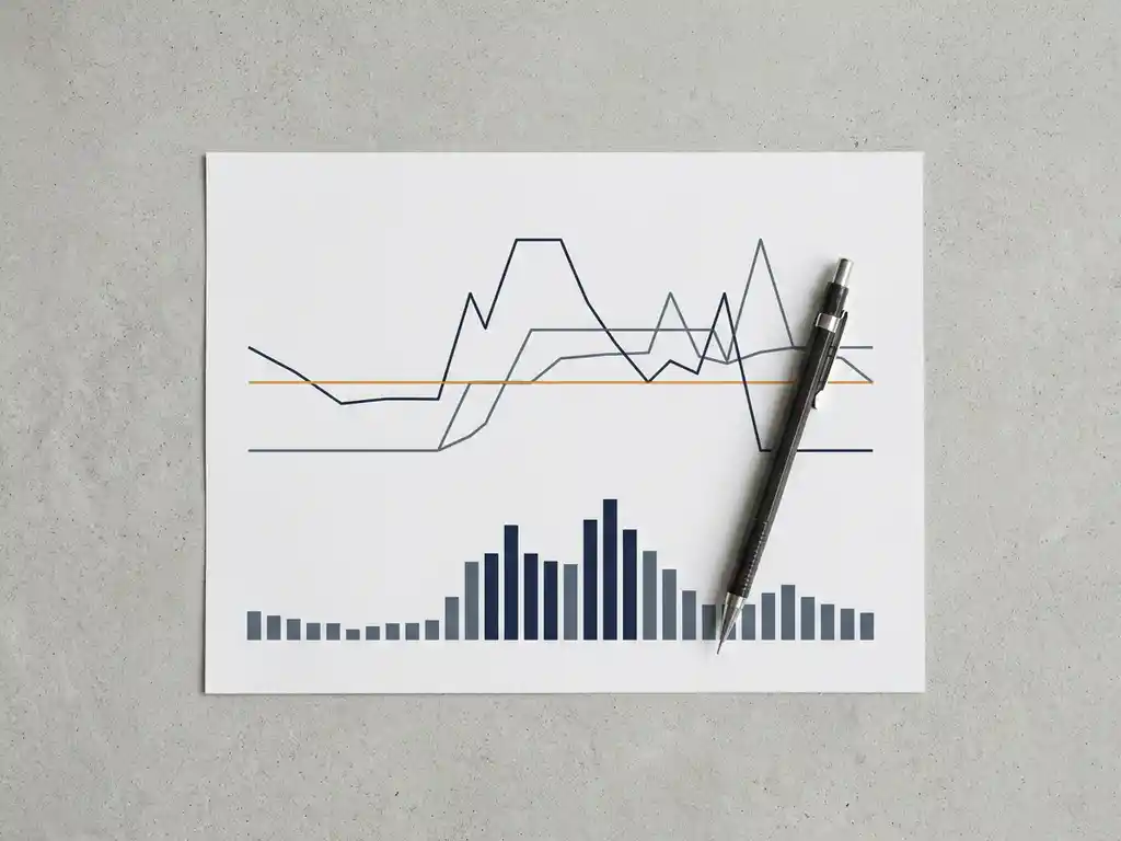 Energiemonitoringdashboard op betonnen bureau met mechanisch potlood, verbruiksgrafieken in leisteen, marineblauw en amber.