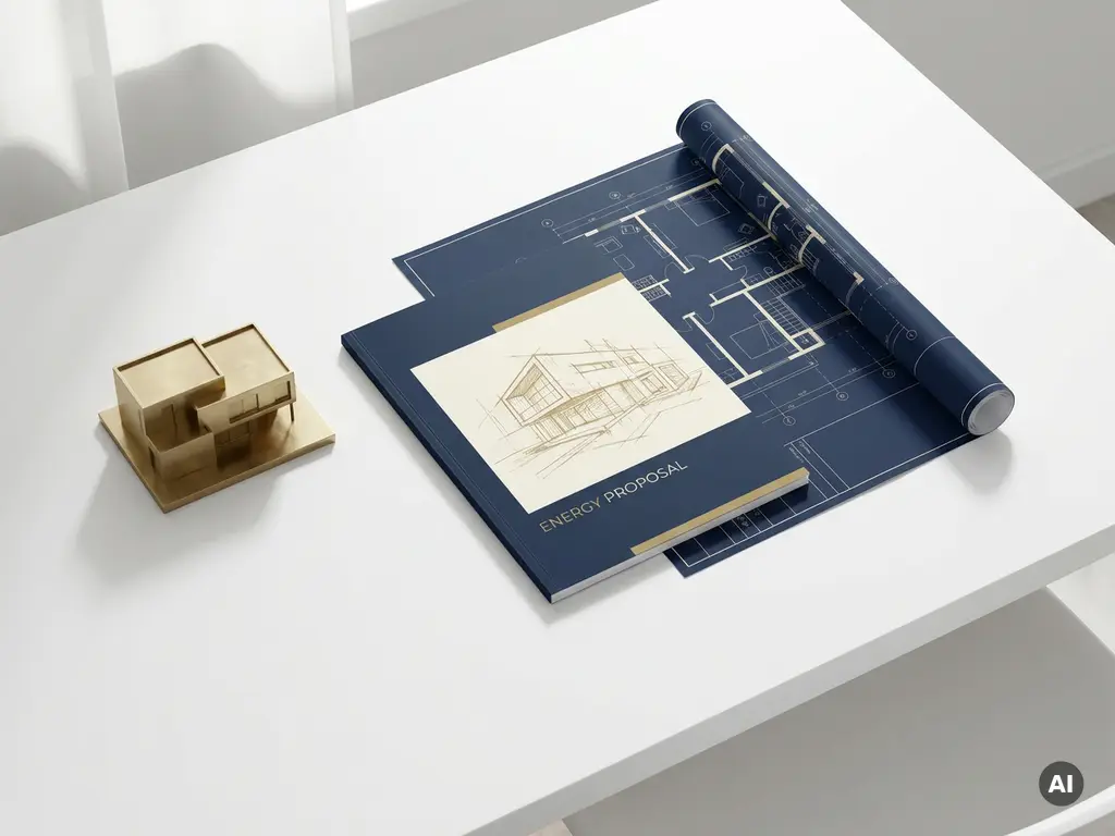 Energievoorstel document op architectonisch plattegrond met messing gebouwmodel op wit bureau, bovenaanzicht.