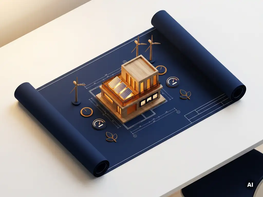 Architectonisch plattegrond op wit bureau met schaalmodel en miniatuur zonnepanelen in marineblauw en amber tinten.